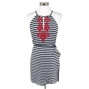 THML women’s Navy White Striped Red Embroidery Nautical Summer Halter Dress S
